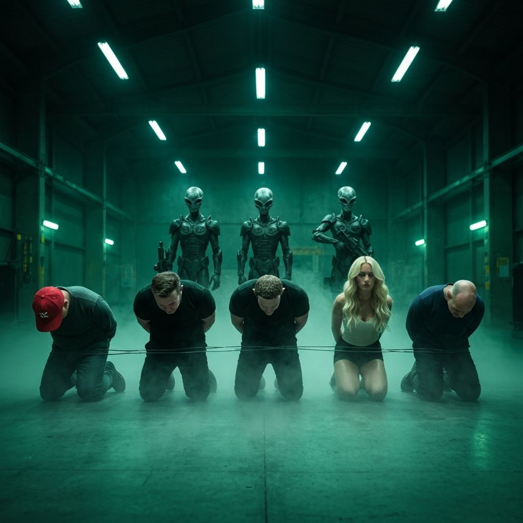 A row of captive public figures kneeling under alien guard
